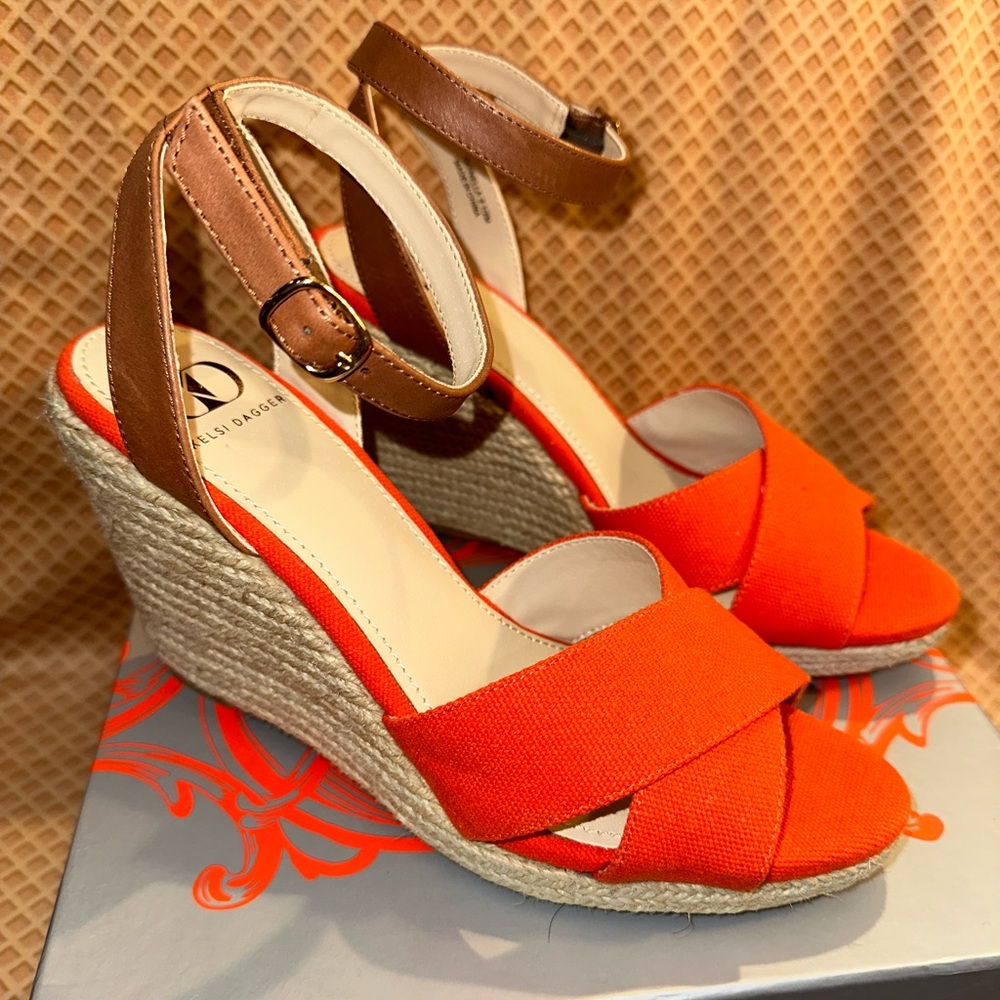 Kelsi Dagger “Quinella” Orange Canvas Leather & Jute Hi Woven Wedges with Strap